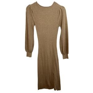 Abercrombie & Fitch Tan Ribbed Knit Long Sleeve Puff Sleeve Midi Dress Womens XS